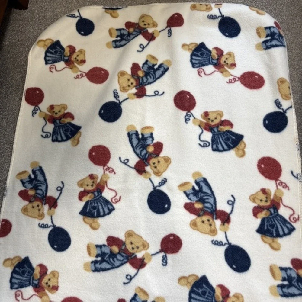 VTG Blue Jean Teddy Baby Blanket Patch Magic Springs Denim Bears Balloon Fleece